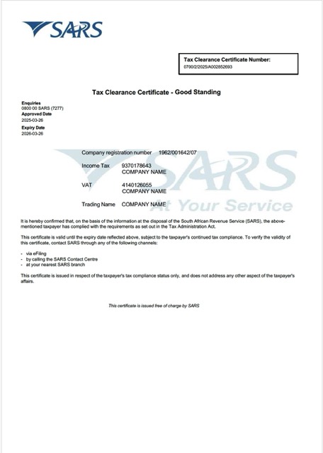 South Africa tax clearance certificate Word and PDF template